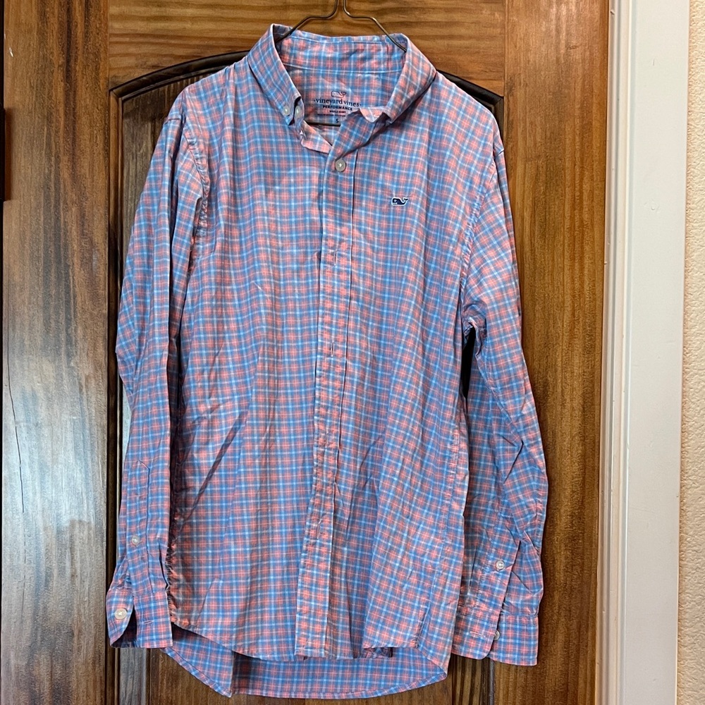 Vineyard Vines Coral and Sky Plaid Button Down Shirt